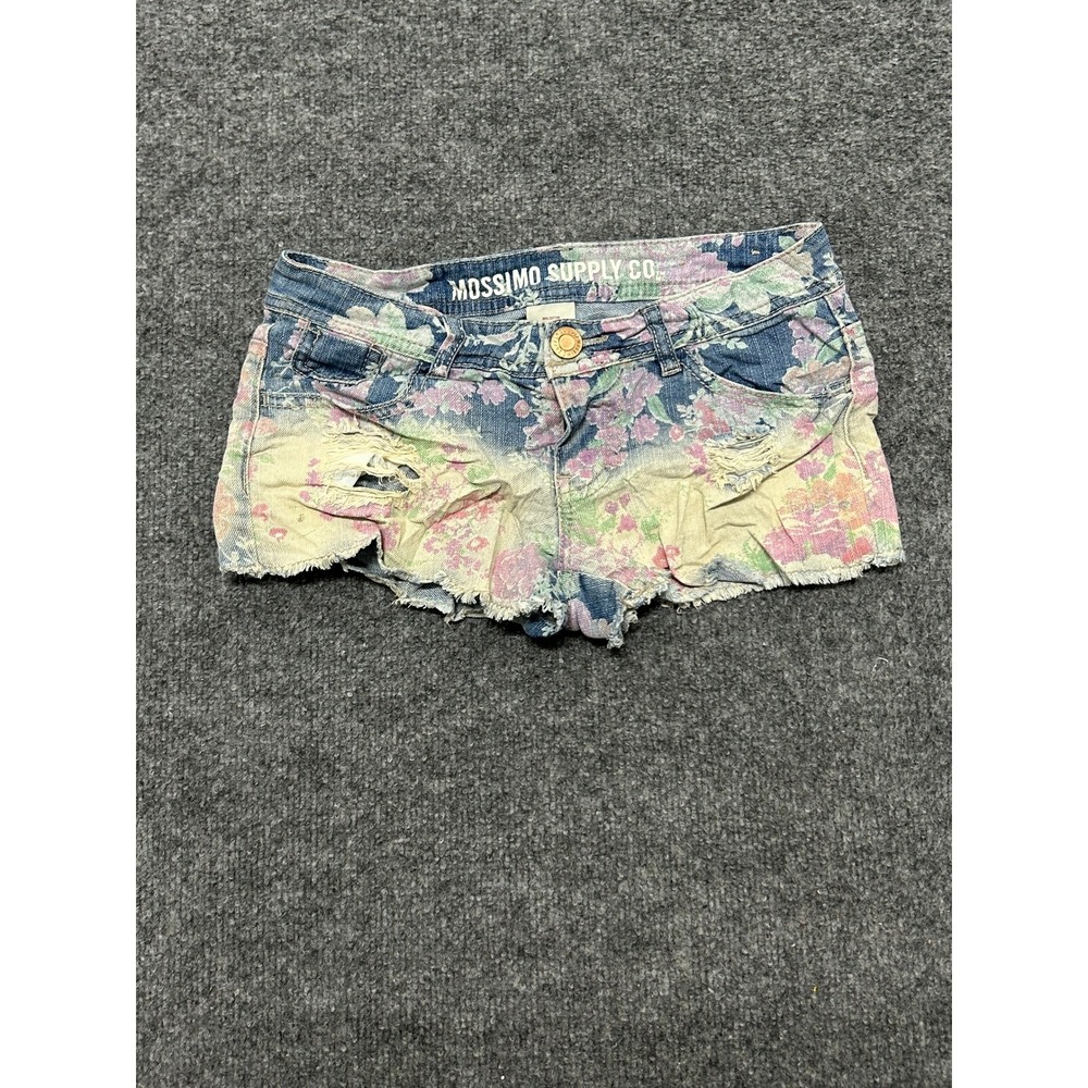 Mossimo Shorts Womens Size 6 Floral Denim Distressed Raw Hem Low Rise Slim Fit